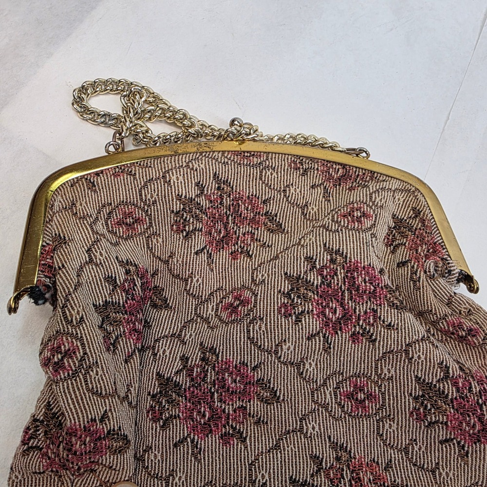 Vintage Floral‎ Tapestry Handbag Medium Pink Gold Kiss Lock Evening Bag Clutch - Picture 8 of 10
